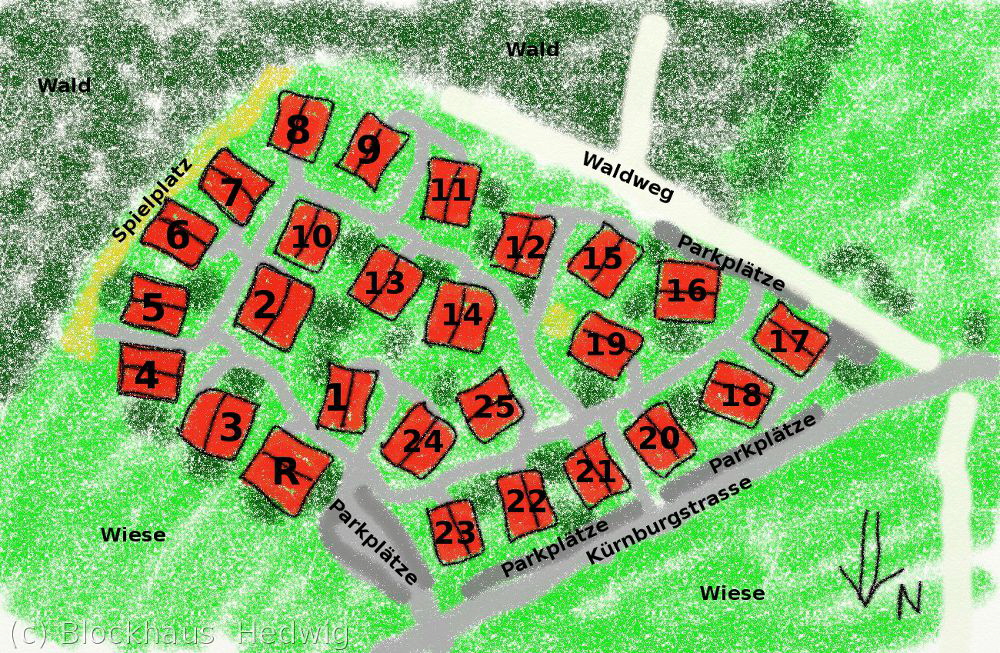 Lageplan vom Naturerlebnisdorf Stamsried mit der Rezeption und 25 Blockhusern.